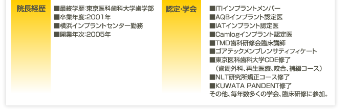 院長経歴■最終学歴：東京医科歯科大学歯学部 ■卒業年度：2001年 ■横浜インプラントセンター勤務 ■開業年次：2005年/認定・学会■ITIインプラントメンバー■AQBインプラント認定医　■IATインプラント認定医■Camlogインプラント認定医■TMD歯科研修会臨床講師■ゴアテックメンブレンサティフィケート■東京医科歯科大学CDE修了（歯周外科、再生医療、咬合、補綴コース）■NLT研究所矯正コース修了　■KUWATA PANDENT修了その他、毎年数多くの学会、臨床研修に参加。　